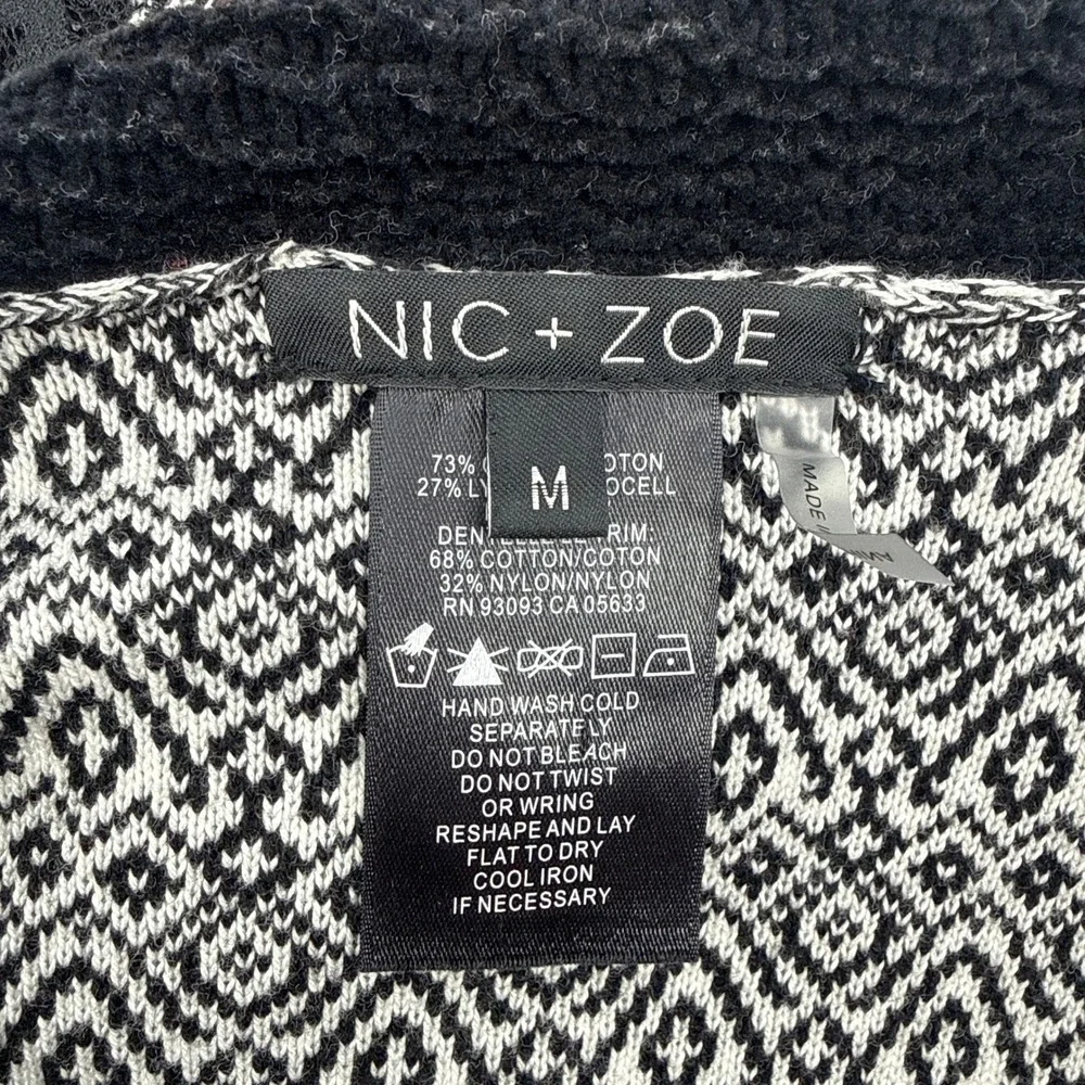 NIC+ZOE Womens Geometric Lace Trim Knit Jacket Cardigan Black White‎ Medium